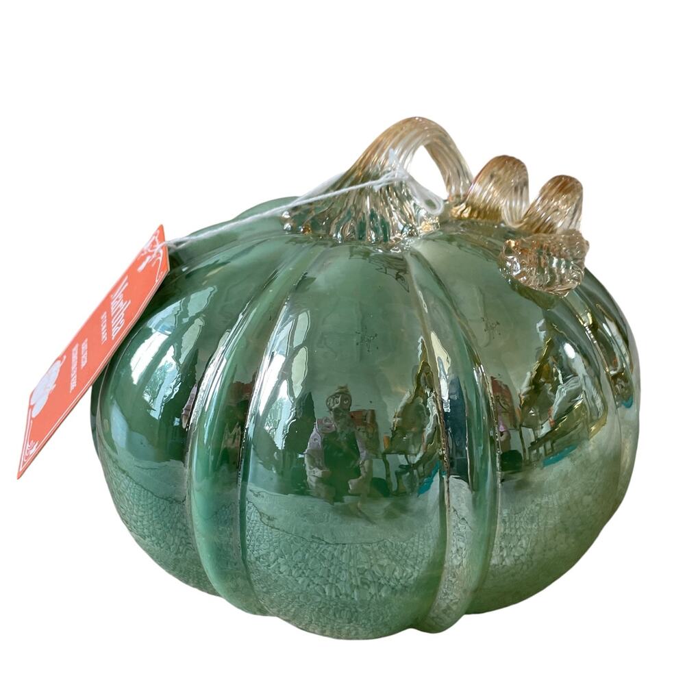 MARTHA STEWART Hand Blown Art Glass Pumpkin Iridescent Green Designer Decor New